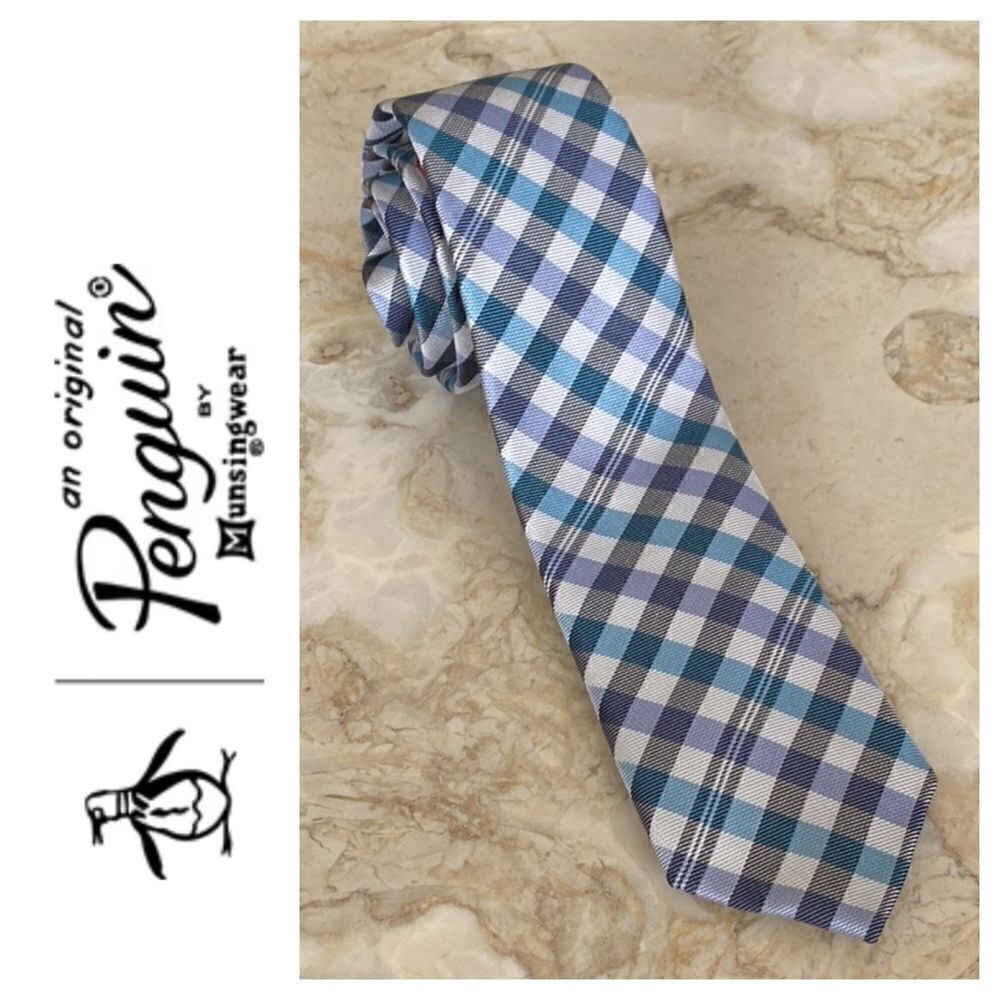 Original Penguin 100% Silk Skinny Tie Blue Plaid - Unisex